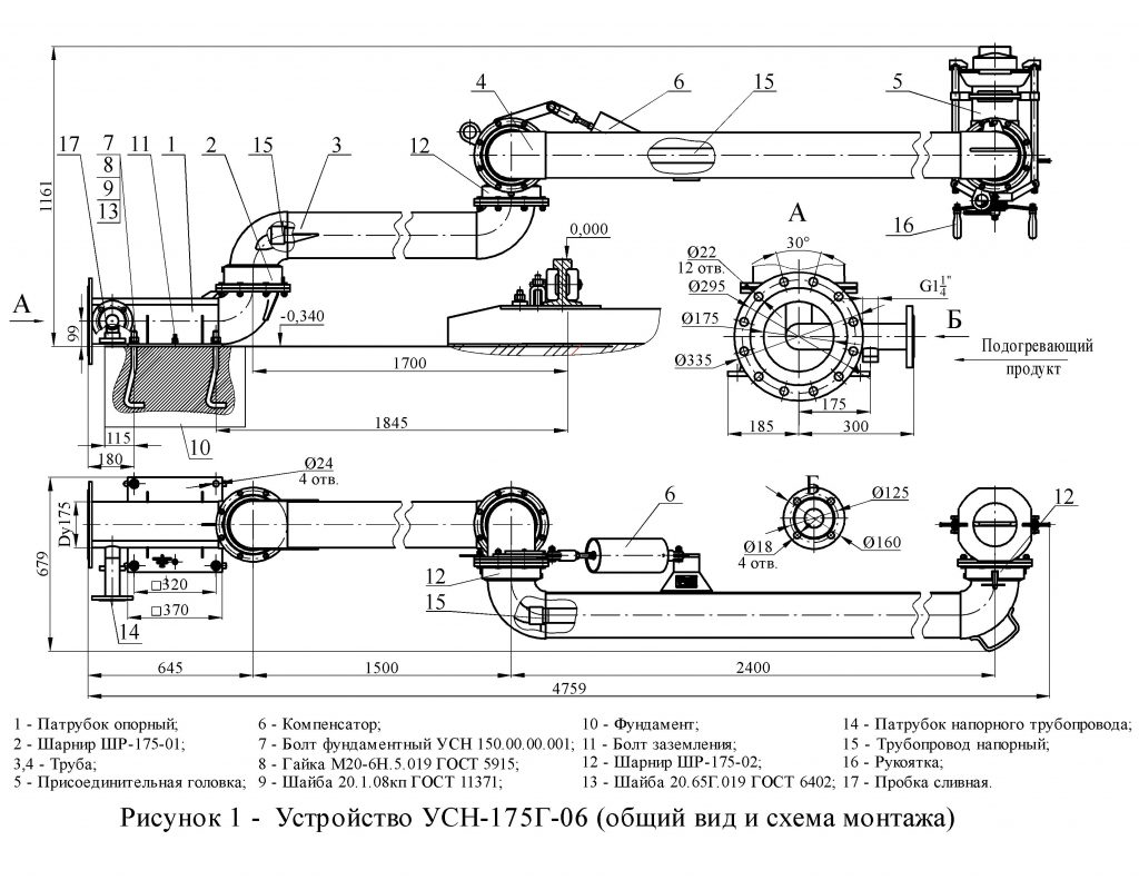 Устройство нижнего слива УСН-175Г-06. Общий вид и схема монтажа